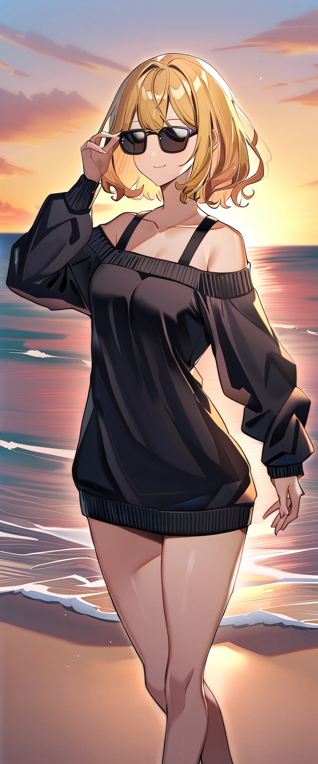 ((sea, beach)), bare legs, ((starly sky)), (((sunglasses, hand to sunglasses))), (((cowboy shot))), ((wavy hair, inward curled hair)), evening, ((Sunset)), ((blond hair, bob cut:1.3)), breasts, teenager, (looking at viewer), oversized clothes, puffy long sleeves, ((off-shoulder sweater:1.3, Quite thick shoulder straps)), ((black sweater)), collarbone, head tilt:1.3, (((blue eyes))), ((happy smile)), (((anime style))), (best quality, 4K, 8K, highres, masterpiece:1.2, ultra-detailed, ultra-detailed eyes, HDR, uhd, studio lighting, ultra-fine painting, sharp focus, physically-based rendering, extreme detail description, professional, vivid colors, bokeh)