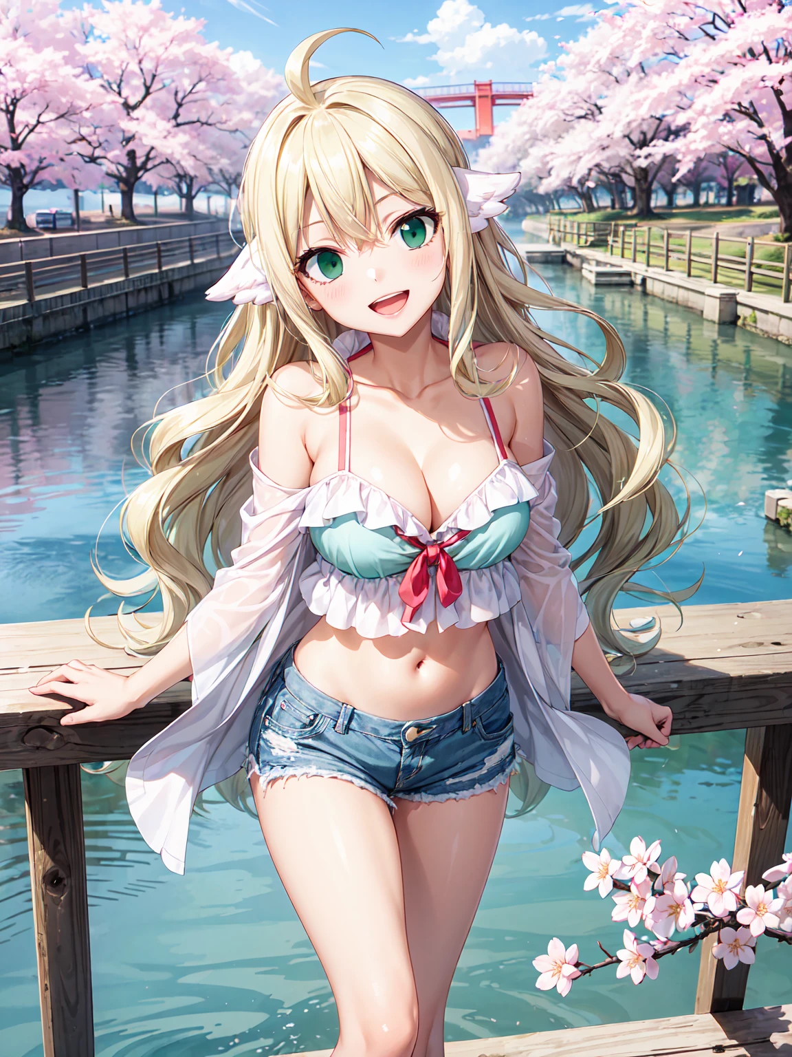 Masterpiece ,best quality , high resolution , (1 girl solo:1.38) , (mavis , long hair, blonde hair, (green eyes:1.5), ahoge, wavy hair) , (cleavage:1.2) , (medium breast:1.28) , (wear top tank , denim_micro short , navel , belly , short short , strong wind , big wing , head tilt ) , (cleavage:1.15) , (big breast:1.1) , (face view , look at view , smile , open mouth) , (standing) , (outdoor, river beside , on bridge , japaness bridge , street , cherry blossoms , cherry tree)