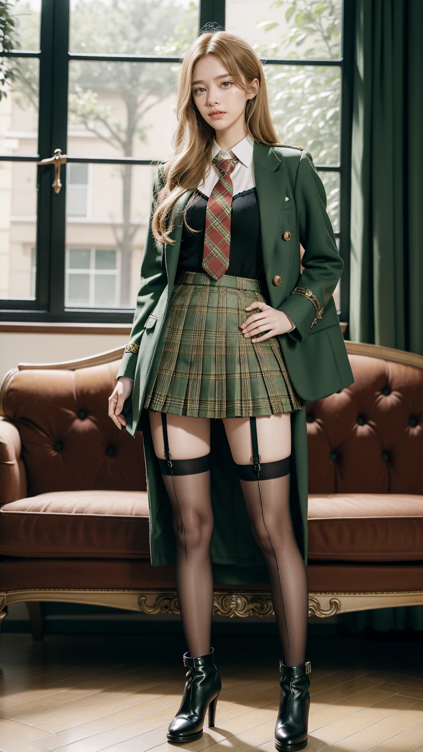UHD,8K,girlvn01, 1girl,school,Big Eyes,Stunningly Beautiful Girl,green suit,Epaulette, pleated plaid green skirt,plaid red necktie, Long shaped face,Sandy Blonde side-swept hair,standing ,black stocking ,sofa,student boots high heels,full body,