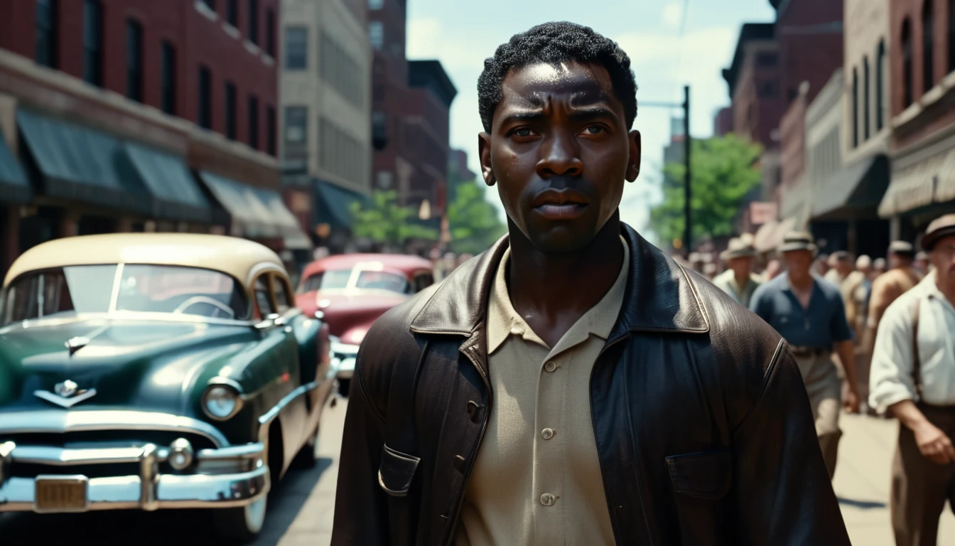 A black man arriving in Cleveland in the summer of 1953, surrounded by bustling streets and people. He looks determined and ready to start a new chapter in his life. cinematic action, cinematic lighting, backlighting, masterpiece, anatomically correct, textured skin, super detail, 8k atmospheric perspective, depth of field,