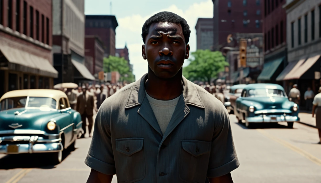 A black man arriving in Cleveland in the summer of 1953, surrounded by bustling streets and people. He looks determined and ready to start a new chapter in his life. cinematic action, cinematic lighting, backlighting, masterpiece, anatomically correct, textured skin, super detail, 8k atmospheric perspective, depth of field,