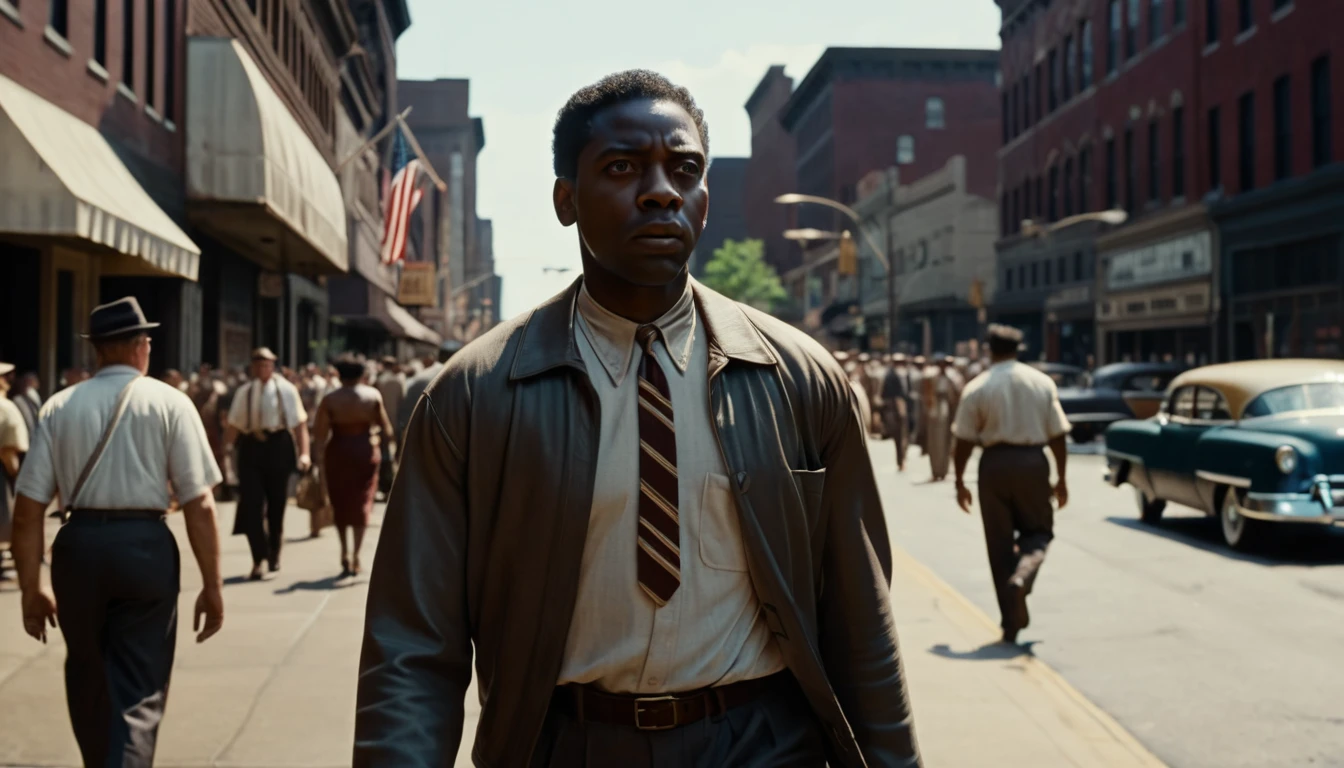 A black man arriving in Cleveland in the summer of 1953, surrounded by bustling streets and people. He looks determined and ready to start a new chapter in his life. cinematic action, cinematic lighting, backlighting, masterpiece, anatomically correct, textured skin, super detail, 8k atmospheric perspective, depth of field,