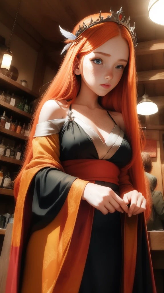 Young (princess), striking figure, long flowing ginger hair, wavy hairs, fair skin, freckles, (kolito), innocent and (regal appearance), expressive green eyes are filled with a mix of curiosity and determination, her slender frame, elegant grace, vibrant orange kimono with white and black decorations, ((very long sleeves)), cleavage, feather headdress, in a medieval bar