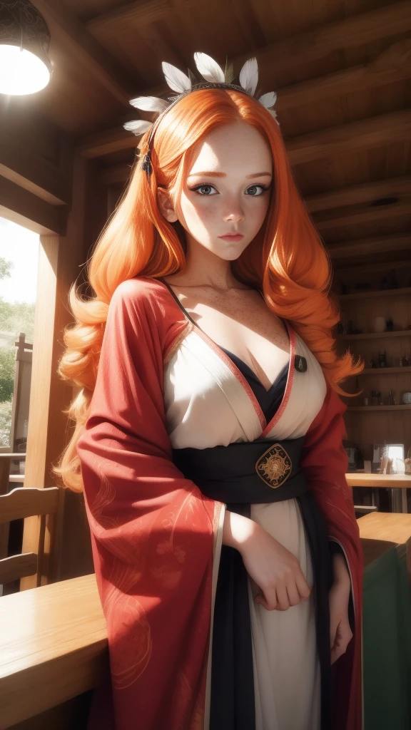 Young (princess), striking figure, long flowing ginger hair, wavy hairs, fair skin, freckles, (kolito), innocent and (regal appearance), expressive green eyes are filled with a mix of curiosity and determination, her slender frame, elegant grace, vibrant orange kimono with white and black decorations, ((very long sleeves)), cleavage, feather headdress, in a medieval bar