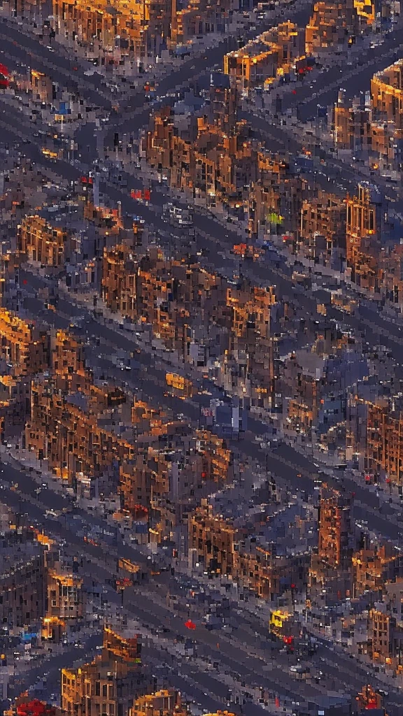 Straight road running through the center of the city, game concept, game map, pixel, pixel art, (straight road:1.2), paved road, vertical, bird's eye view, modern city, modern buildings, post-apocalypse, front projection