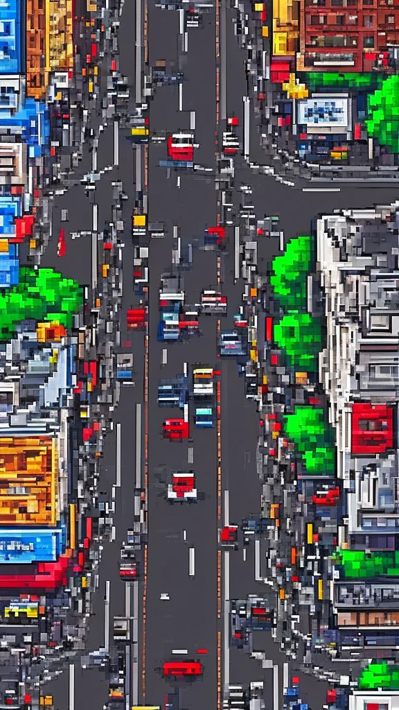 Straight road running through the center of the city, game concept, game map, pixel, pixel art, (straight road:1.2), paved road, vertical, bird's eye view, modern city, modern buildings, post-apocalypse, front projection