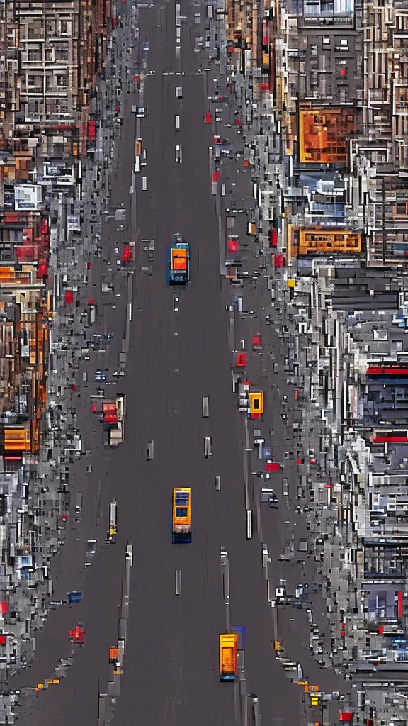 Straight road running through the center of the city, game concept, game map, pixel, pixel art, (straight road:1.2), paved road, vertical, bird's eye view, modern city, modern buildings, post-apocalypse, front projection