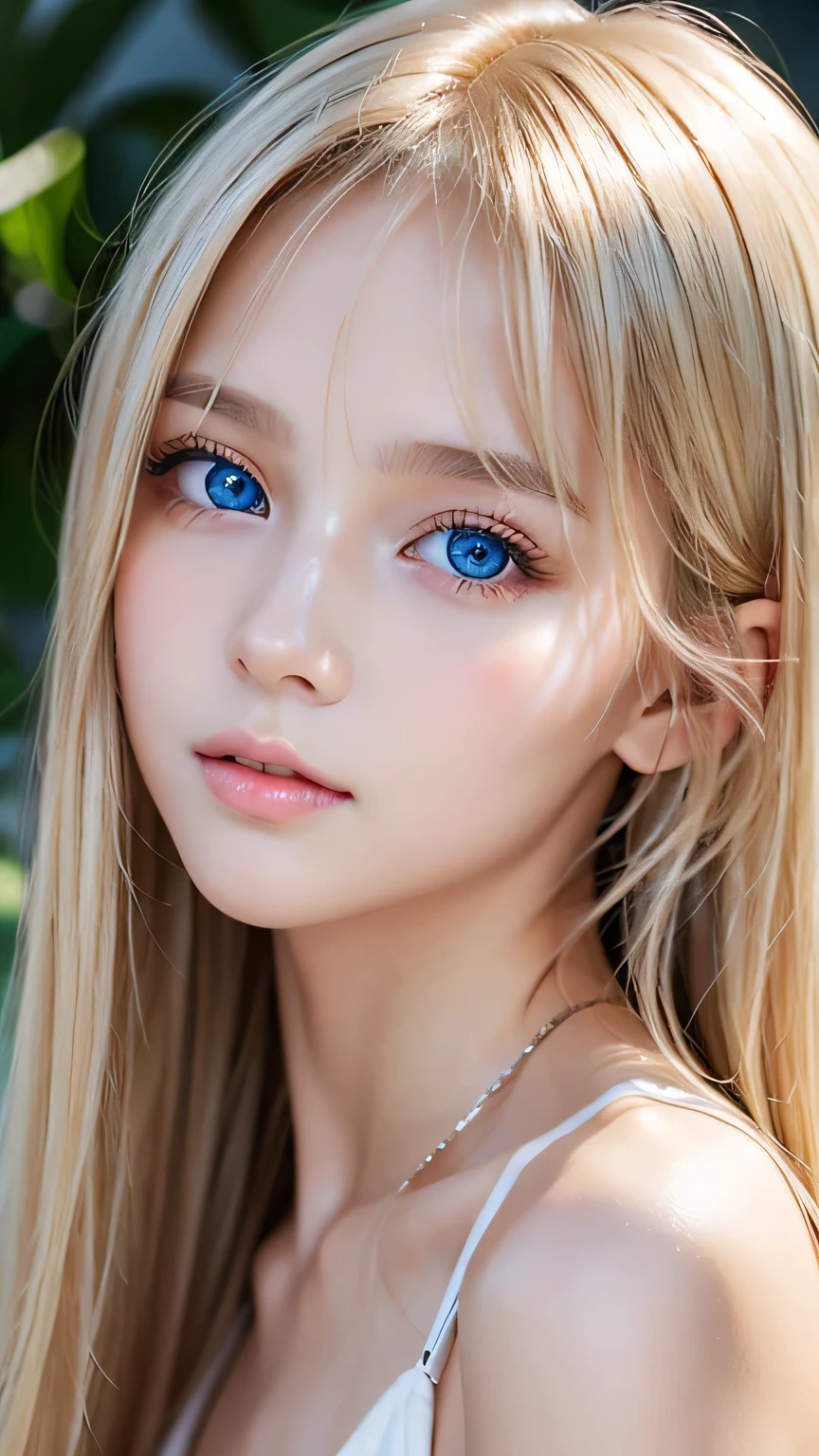 Highest quality、masterpiece、(Realistic:1.4)、One very beautiful blonde girl、Dazzlingly long, super long straight silky platinum blonde、Bangs between the eyes、bangs on the face、Big, very bright light blue eyes that shine so beautifully、Very big eyes、front、Detailed face、Beautiful Eyes、Very white and bright, beautiful skin、Small Face Beauty、14 year old beautiful girl、Cheek gloss highlighter、Round face