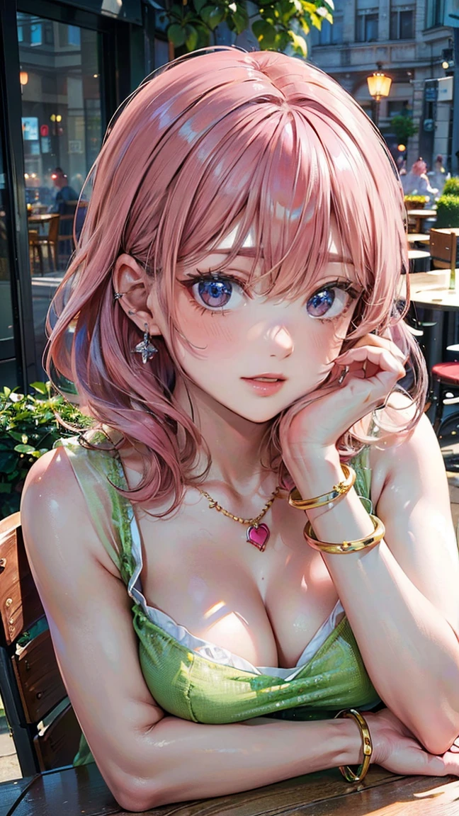 (Masterpiece, BestQuality:1.3), (ultra detailed:1.2), (hyperrealistic:1.3), (RAW photo:1.2), High detail RAW color photo, professional photograph, (Photorealistic:1.4), (realistic:1.4), professional lighting, perfect anatomy, (Big Breasts), (blush, detailed face), (cheerful Smile:1.5), (Pink Hair:1.5), Trending Hair&Trending Hairカラーをランダムに, earrings, necklace, bracelet, sexly, erotic sexly, Random sexy gravure poses, (A stunning beauty in a green see-through dress。The background is a café terrace。Looking at the camera with a seductive smile。Wear simple earrings、Elbow on table pose。: 1.3)
