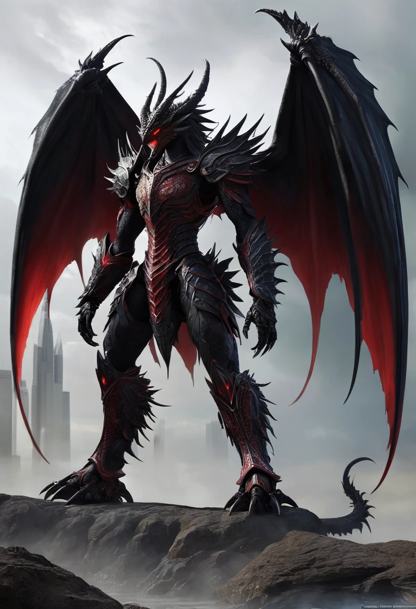 Noctarion, teh four winged black dragon: Detailed and Menacing Description Physical Attributes Height: Over 2,500 meters (8,200 feet) Wingspan: Over 46,000 kilometers (28,580 miles) Appearance Scales and Markings: Noctarion’s body is covered in deep, velvety black scales. Crimson lines pulse rhythmically along his body, emphasizing his immense and terrifying power. Eyes: His eyes glow a fierce red, emanating an intense and fearsome energy. Claws and Teeth: Massive claws and razor-sharp teeth add to his formidable and deadly appearance. Horns: Large, imposing horns adorn his head, adding to his intimidating presence. Additional Features Spikes and Armor: Noctarion’s body is lined with numerous spikes. He has three pairs of tails, each adorned with heavy, impenetrable armor. Wings: Noctarion boasts two sets of massive wings. Each wing is bat-like, adorned with additional spikes, and emits shadow-like substances and pulsars of dark red energy, enhancing his menacing aura. Mist and Aura: A dark mist surrounds him, distorting the air and creating an eerie, unsettling atmosphere. Background and Scale Scale: To emphasize Noctarion’s massive size, imagine placing the Burj Khalifa in the background. This tallest building in the world would look minuscule next to Noctarion, highlighting his dominance and power. Visualization Formidable Presence: Visualize Noctarion towering over the Burj Khalifa, his massive form dwarfing the skyscraper. His imposing horns and additional claws enhance his menacing look, while his spiked and armored tails sway behind him, ready to strike. Powerful Wings: His two sets of wings are vast and powerful, each flap sending ripples of dark energy through the air. The wings, adorned with spikes, add to his intimidating appearance, casting shadows that seem to stretch for miles. Energy and Mist: The shadow-like substances and dark red energy pulsars that he emits create a chilling atmosphere.