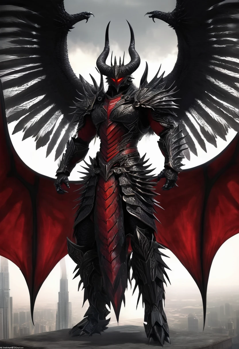 Noctarion, teh four winged black dragon: Detailed and Menacing Description Physical Attributes Height: Over 2,500 meters (8,200 feet) Wingspan: Over 46,000 kilometers (28,580 miles) Appearance Scales and Markings: Noctarion’s body is covered in deep, velvety black scales. Crimson lines pulse rhythmically along his body, emphasizing his immense and terrifying power. Eyes: His eyes glow a fierce red, emanating an intense and fearsome energy. Claws and Teeth: Massive claws and razor-sharp teeth add to his formidable and deadly appearance. Horns: Large, imposing horns adorn his head, adding to his intimidating presence. Additional Features Spikes and Armor: Noctarion’s body is lined with numerous spikes. He has three pairs of tails, each adorned with heavy, impenetrable armor. Wings: Noctarion boasts two sets of massive wings. Each wing is bat-like, adorned with additional spikes, and emits shadow-like substances and pulsars of dark red energy, enhancing his menacing aura. Mist and Aura: A dark mist surrounds him, distorting the air and creating an eerie, unsettling atmosphere. Background and Scale Scale: To emphasize Noctarion’s massive size, imagine placing the Burj Khalifa in the background. This tallest building in the world would look minuscule next to Noctarion, highlighting his dominance and power. Visualization Formidable Presence: Visualize Noctarion towering over the Burj Khalifa, his massive form dwarfing the skyscraper. His imposing horns and additional claws enhance his menacing look, while his spiked and armored tails sway behind him, ready to strike. Powerful Wings: His two sets of wings are vast and powerful, each flap sending ripples of dark energy through the air. The wings, adorned with spikes, add to his intimidating appearance, casting shadows that seem to stretch for miles. Energy and Mist: The shadow-like substances and dark red energy pulsars that he emits create a chilling atmosphere.