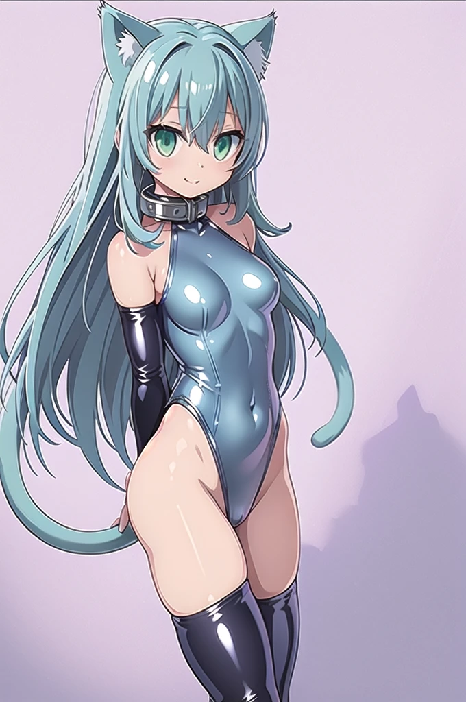 1girl,solo,(standard height:1.2),(cowboy shot),standing,(pastel blue hair:1.6),(long hair:1.2),(cat ears:1.2),(green eyes:1.4),(black rugged collar),(beautiful fingers:1.4),(perfect :1.4),(arms_behind_back:1.6),(cold_shoulder:1.2),BREAK,(pastel blue one-piece_swimsuit:1.5),(lace glossy silk lamé:1.4),(latex luster shiny glossy:1.6),(shiny_clothes:1.6),medium breasts,beautiful breasts,masterpiece,best quality,(Ultra high definition eyes:1.2),8k,(Beautiful detailed eyes:1.2),(Fine and beautiful eyes:1.2),(pretty eyes:1.2),finely detail,extremely CG, absurdres,high resolution,illustration,Detailed and beautiful outlines,finely detail,high resolution,(colorful refraction:1.4,Increase saturation:1.2),beautiful lighting,dynamic lighting,closed room,black background,simple background, smile,looking at viewer,Rem Galleu,(cat tail:1.4),(white Clear PVC sheets sleeves:1.4),(sheer sleeves:1.4),(see-through sleeves:1.4),(wide sleeves:1.2),(pastel blue thigh boots:1.4)