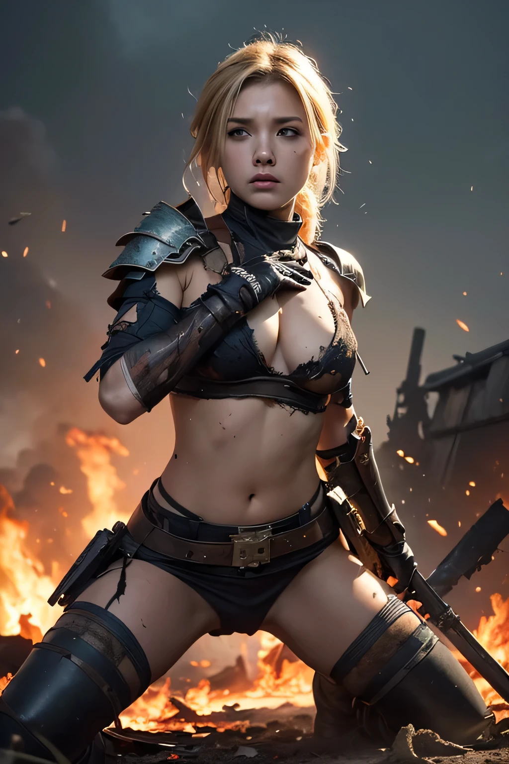 (masterpiece:1.5), (Highest quality), (Very detailed), (Super detailed), (One girl:1.2), (whole body:1.2), (Young girl), (Blonde), (Weapons in hand), (War battle scene), (Bloody atmosphere), (cigarette), (fire), (cadaver), (Chaotic Background), (explosion), (Torn clothing), (A look of determination), (Sweat and dirt), (I was injured), (Dynamic pose), (Broken Armor), (Burnt landscape), (Combat Stance), (Smoldering Wreckage), (inflammation:1.3), (Battle cry), (Sounds of War:1.1)