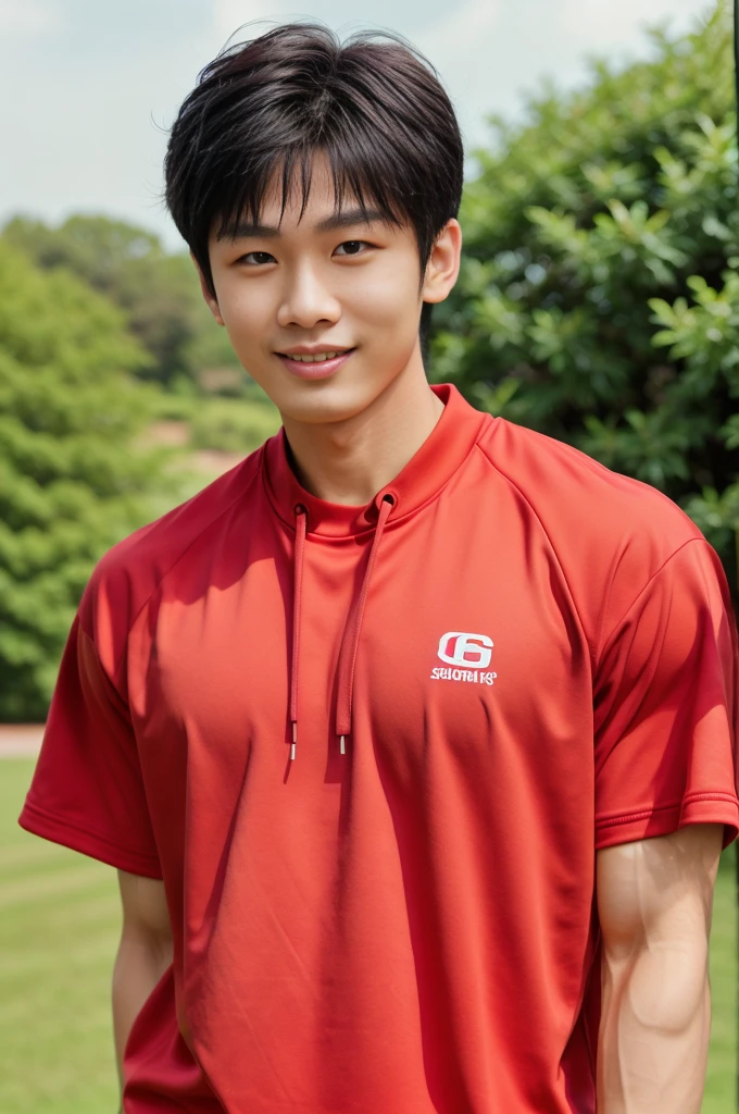 独奏: 1.5, (As a matter of fact, Masterpiece, 8k HD, good light quality, Red sportswear that fits the face, complicated details), A handsome, muscular young Korean man. , 20 years old, be happy, smile brightly, detailed face, delicate eyes, มองดูsky, period, black eyes, Black hair color, ผมsmooth, smooth, outdoor sports, Along the garden, Sunny,sky,Surreal,Awesome details,Highest quality,real,Open your mouth to talk. , Close your eyes., field ,Run towards the camera.