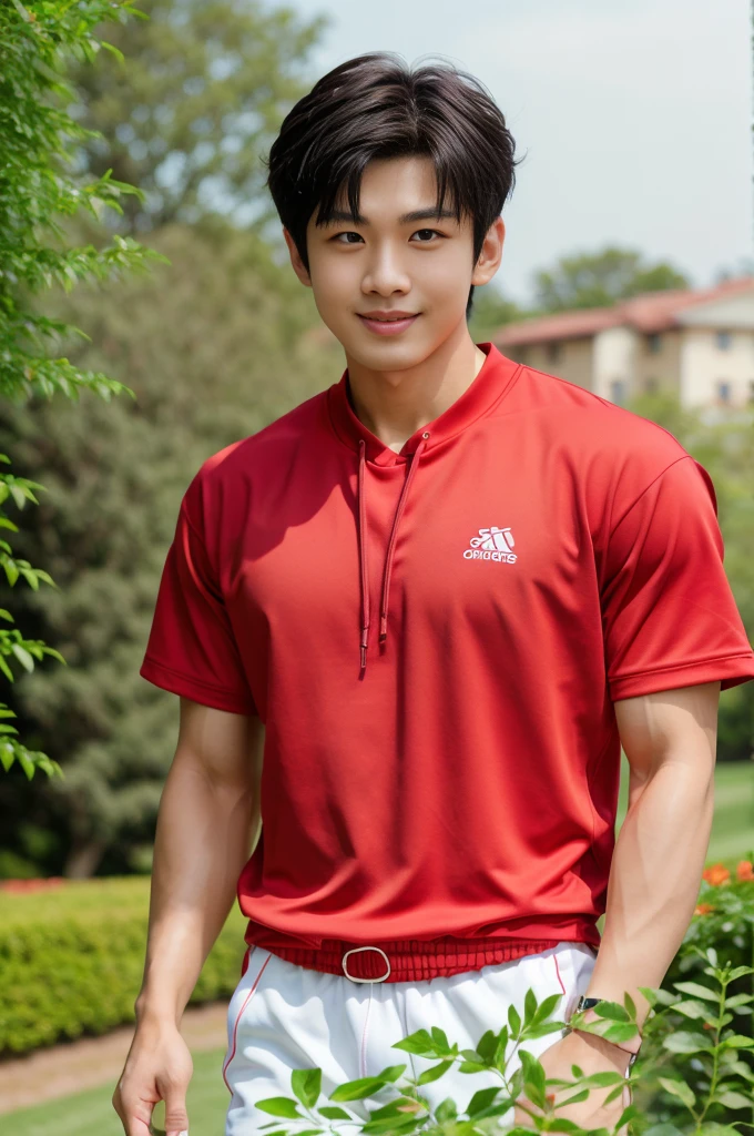 独奏: 1.5, (As a matter of fact, Masterpiece, 8k HD, good light quality, Red sportswear that fits the face, complicated details), A handsome, muscular young Korean man. , 20 years old, be happy, smile brightly, detailed face, delicate eyes, มองดูsky, period, black eyes, Black hair color, ผมsmooth, smooth, outdoor sports, Along the garden, Sunny,sky,Surreal,Awesome details,Highest quality,real,Open your mouth to talk. , Close your eyes., field ,Run towards the camera.