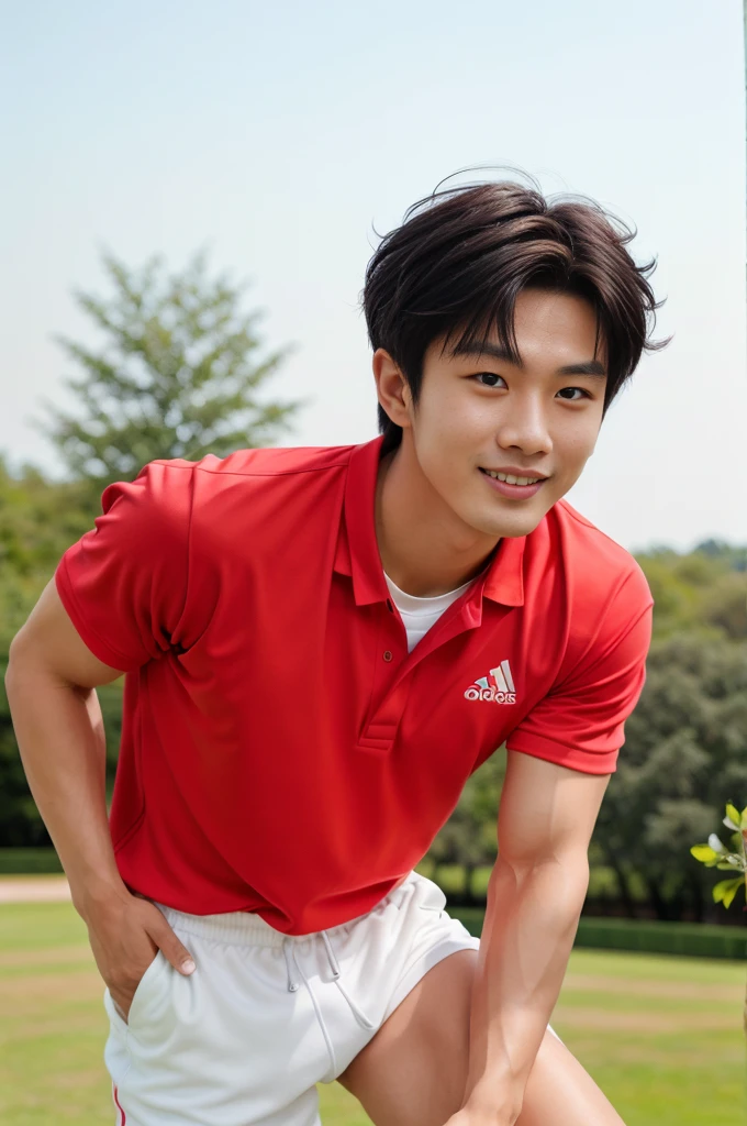 独奏: 1.5, (As a matter of fact, Masterpiece, 8k HD, good light quality, Red sportswear that fits the face, complicated details), A handsome, muscular young Korean man. , 20 years old, be happy, smile brightly, detailed face, delicate eyes, มองดูsky, period, black eyes, Black hair color, ผมsmooth, smooth, outdoor sports, Along the garden, Sunny,sky,Surreal,Awesome details,Highest quality,real,Open your mouth to talk. , Close your eyes., field ,Run towards the camera.