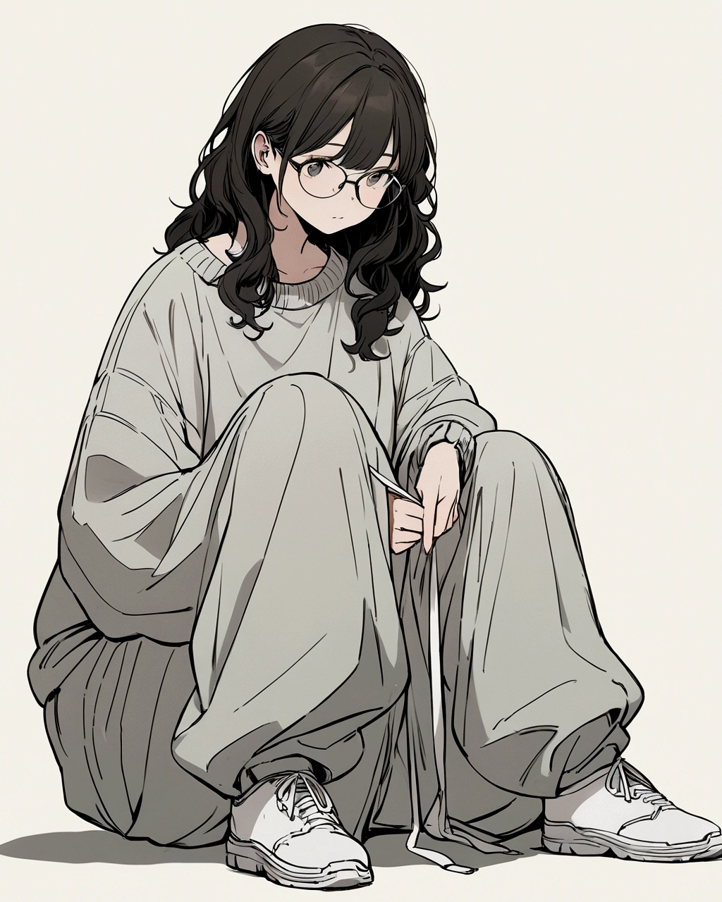 A digital illustration of a young girl with long, wavy hair, wearing glasses. She is dressed in a loose, oversized sweater and baggy pants, both in neutral tones. The girl is sitting on the ground with her legs folded, and she is tying the laces of her white sneakers. The background is plain and minimalistic, enhancing the focus on the character. The overall style is soft and slightly muted, giving the image a calm and introspective feel."