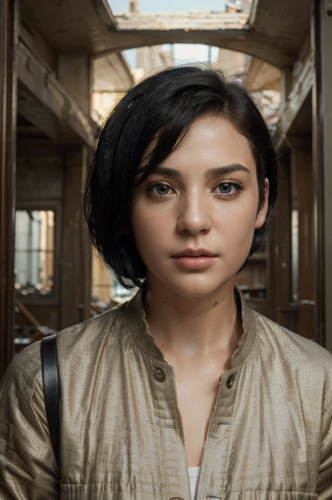 (Masterpiece:1.3), (8K, Realistic, Raw Image, Best Quality: 1.4), (1man), Beautiful Face, (Realistic Face), (Black Hair, Short Hair:1.3), Beautiful Hairstyle, Realistic Eyes, Eyes Beautifully detailed, (realistic skin), beautiful skin, (jacket), absurdity, cute, very high resolution, very realistic, very detailed, golden ratio, in the background, destroyed houses
