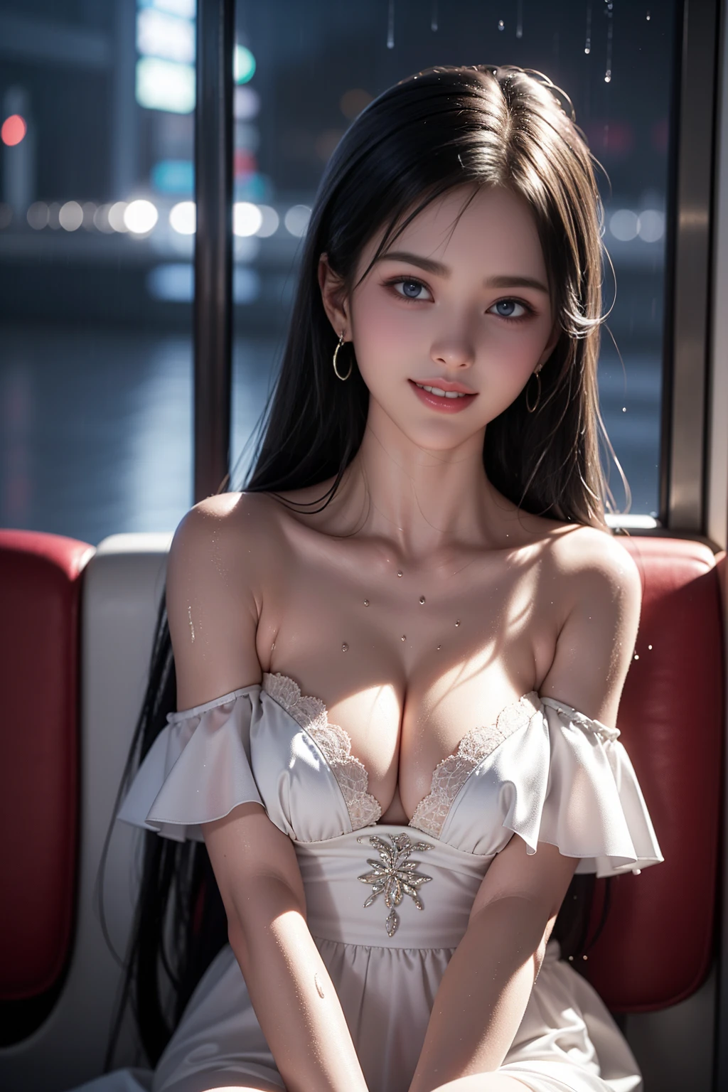 (RAW shooting, Photorealistic:1.5, 8K, Highest画質, masterpiece, Ultra-high resolution), Perfect dynamic composition:1.2, Night Street Corner, Looking up at the sky:1.3, (((Heavy rain from a typhoon))), Highly detailed skin and face textures:1.2, 雨にWetスリムな女子高生:1.3, Sexy beauty, Perfect Style:1.2, Aesthetic and beautiful, Fair skin, Very beautiful face, (Rain dripping all over my body:1. 2, Wet髪:1.4, Wet:1.2), Water droplets on the skin, (Medium chest, Chest gap), (Shy laugh, The expression when feeling intense caressing, Facial expression when feeling pleasure), (Beautiful blue eyes, Beautiful erotic eyes:0.8), (Too erotic:0.9, Alluring:0.9), Cowgirl shot, Student Bag, Perfect body, Perfect fingertips(Girl sitting on train seat)、Best quality work,Actual work,Ultra Premium Graphics,8K HD CG works,High quality graphics,High-definition CG works,10x pixels,Extremely fine detail:1.1,Advanced Technical Details:1.1 Photorealistic,Indoor lighting effects:1.5,Natural light:1.5. Light effects(virtual Light effects:1.8),(Golden white short hai(RAW shooting, Photorealistic:1.5, 8K, Highest
