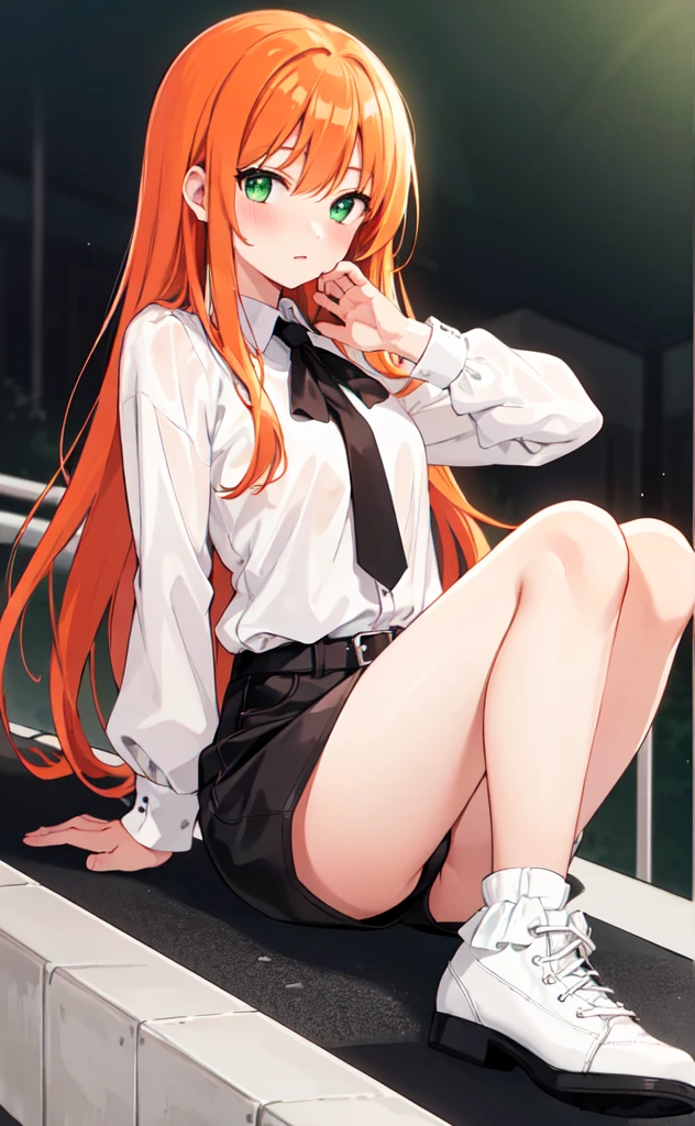 (best quality,high resolution,Beautiful and delicate eyes,White lighting:1.2),Green Eyes, Looking at the audience, Long hair, Orange Hair，leather shoes, Black footwear,White socks，Short sleeve，sports Shorts，blush, Long sleeve, Bangs, Black Hair, Orange Hair, Ruffles，playground