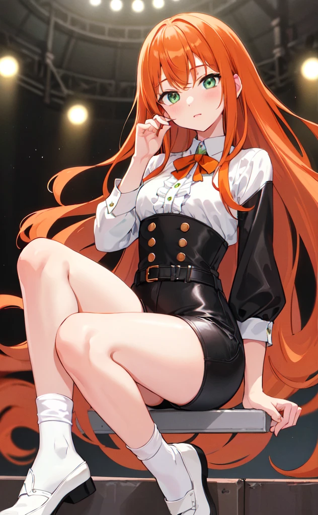 (best quality,high resolution,Beautiful and delicate eyes,White lighting:1.2),Green Eyes, Looking at the audience, Long hair, Orange Hair，leather shoes, Black footwear,White socks，Short sleeve，sports Shorts，blush, Long sleeve, Bangs, Black Hair, Orange Hair, Ruffles，playground