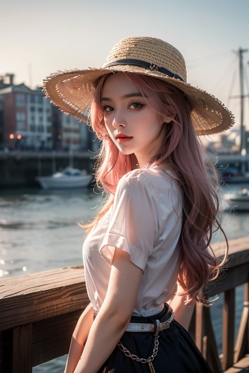 Light pink hair, Pink Eyes,  At the port, Vibrant colors, steampunk, blouse white、 Sunset behind, Ray Tracing, Wavy long hair、Straw hat