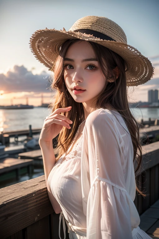 ((top quality, 8k, masterpiece: 1.3)), women (full body portrait, front, babydoll wearing, wet clothes, big breasts, cleavage), sandy beach, lying pose, sun hat,overhead camera, sharp focus: 1.2, cute women: 1.4, (((hairstyle random)), wet hair, very detailed face and skin and hair texture, detailed eyes, double eyelids, white skin, beautiful delicate nose, Cute young Japan woman, 28 years old, at a dynamic angle, is pleasing to the eye and suggestive composition, emphasizing the subject's hair, eyes, mouth and action, while exuding melancholy emotions characterized by a contrasting mix of muted tones and light and shadow,