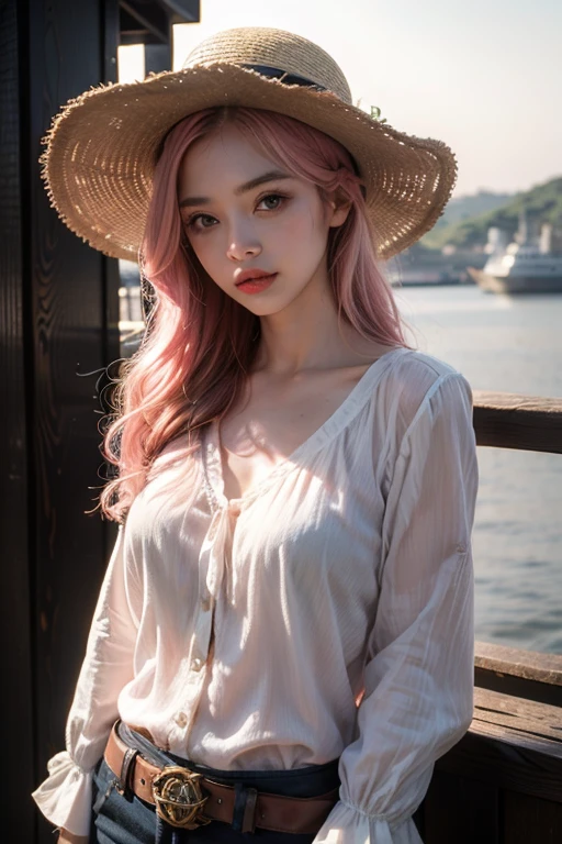 Sunburn marks on tanned skin、blush、Pink Hair,A cute -yeld giwith a cute look, A strong wind blows my hair in front of my face、Beautiful big sparkling eyes, Cute eyes hidden by long bangs、Yawn、No visible nasolabial folds、A short, light-colored ummer shirts with cute designs and colorful designs、Korean Beauty