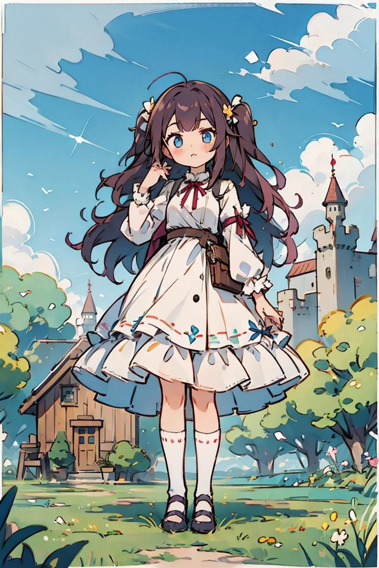 solo, girls, (one side up, wavy long hair:1.58), high neck clothes and dress in layers, high heels, white legwear, background with((castle, ireland, meadow, grass, old house, log cabin, fort, sky, blue sky, beautiful sky))