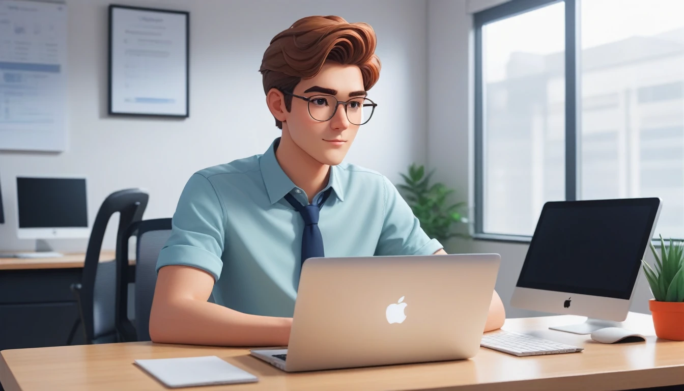 a 25 year old male business character with a friendly appearance and pixart style, . He is sitting behind his MacBook in his minimalist office., with his arms on his desk. esta looking ahead, retrto central, ambiente general de la imagen debe trasmitir una conexion con el minimalism, flat illustration, bold line, minimalism, simplified, pixart, looking ahead, looking to the camera