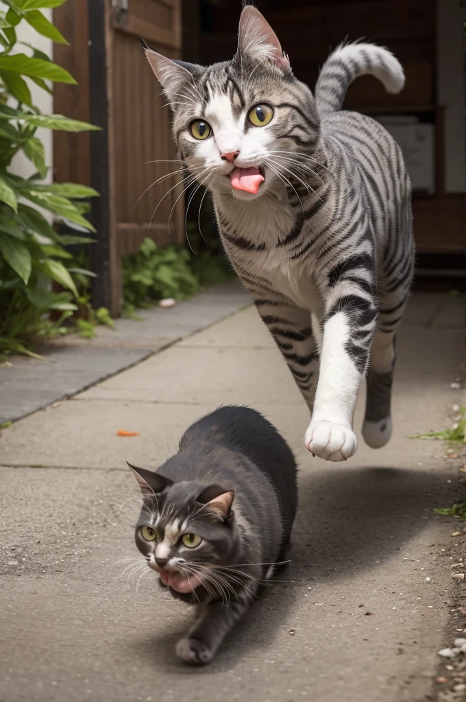 Cat running with fish in his mouth