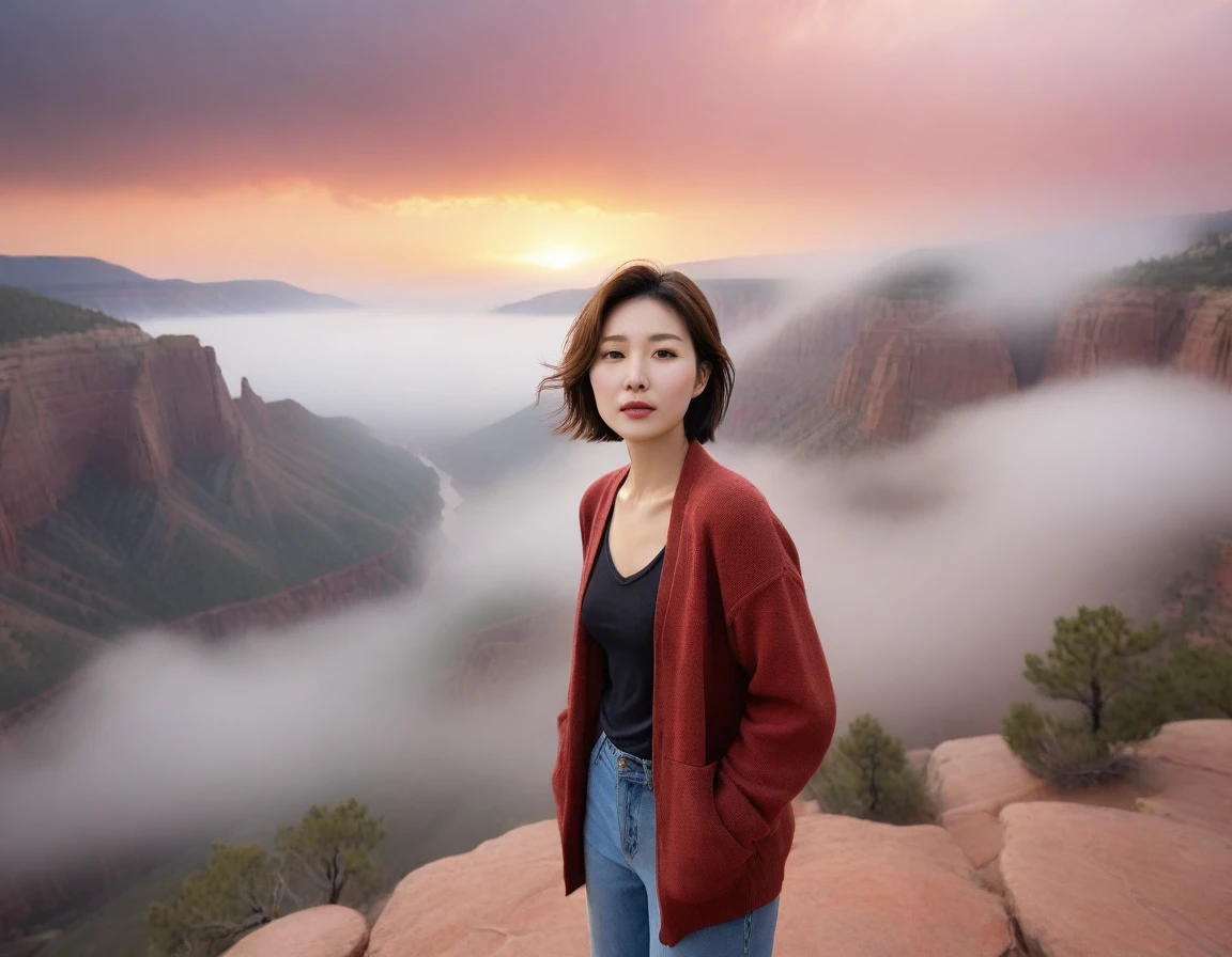 k Best picture quality, Beautiful 36-year-old Korean woman, short and good weather. Chest size 34 inches, View of Colorado Canyon, USA ,A red-colored sunrise with thick fog, Back background realistic and vivid image quality, Short and medium hair blowing in the wind, Wearing comfortable travel clothes, casual pants and a cardigan., Faint smile. The background is clear, Short and slim Korean woman, Standing in the distance, photographed with a wide-angle lens, full body shot