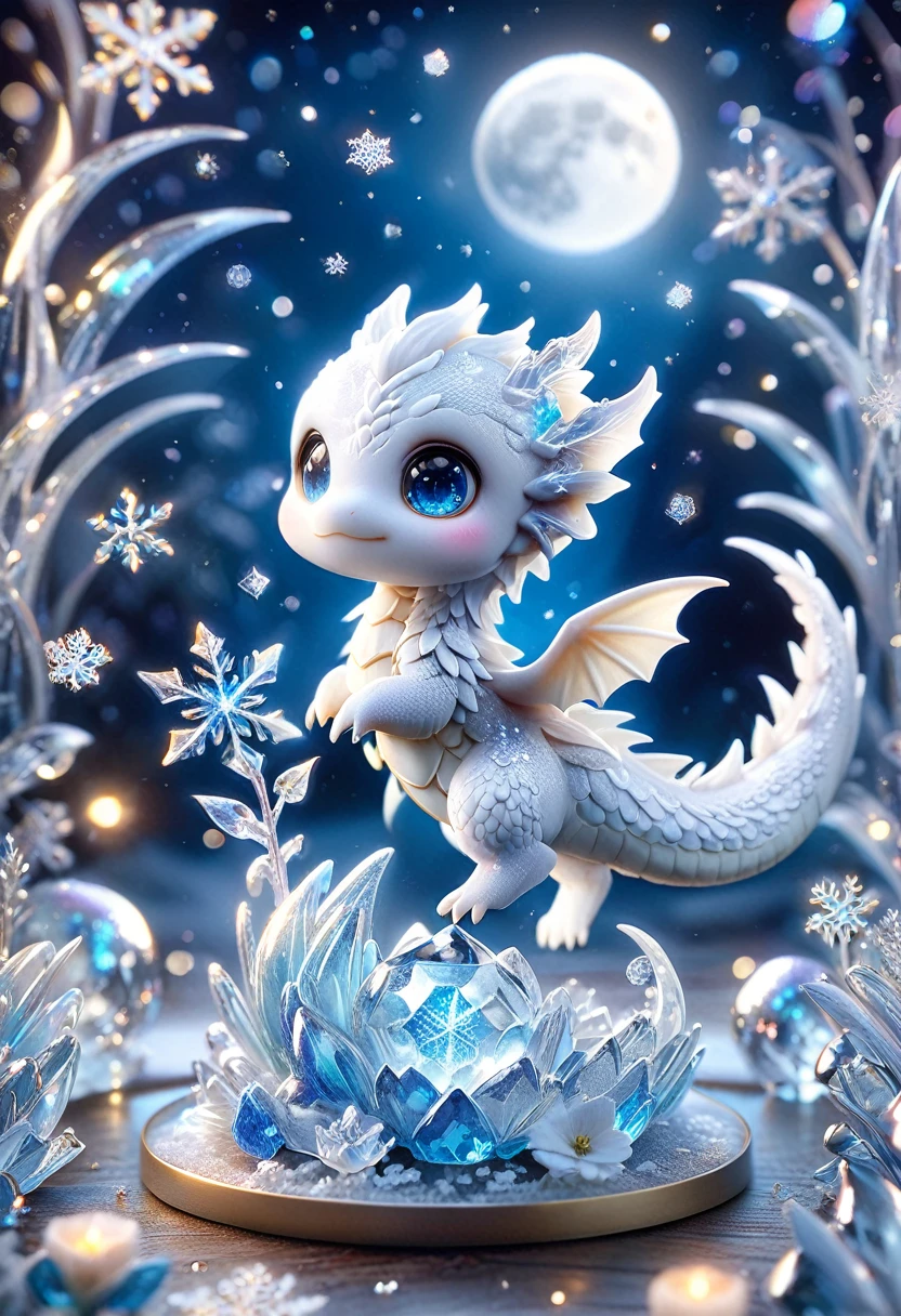 absurdres, highres, ultra detailed, HDR, master piece, best quality, small white dragon, cute, solo, magic, ice flowers, snowflakes, ice, magical, fantasy, glass, ice moon, starry sky, ice style