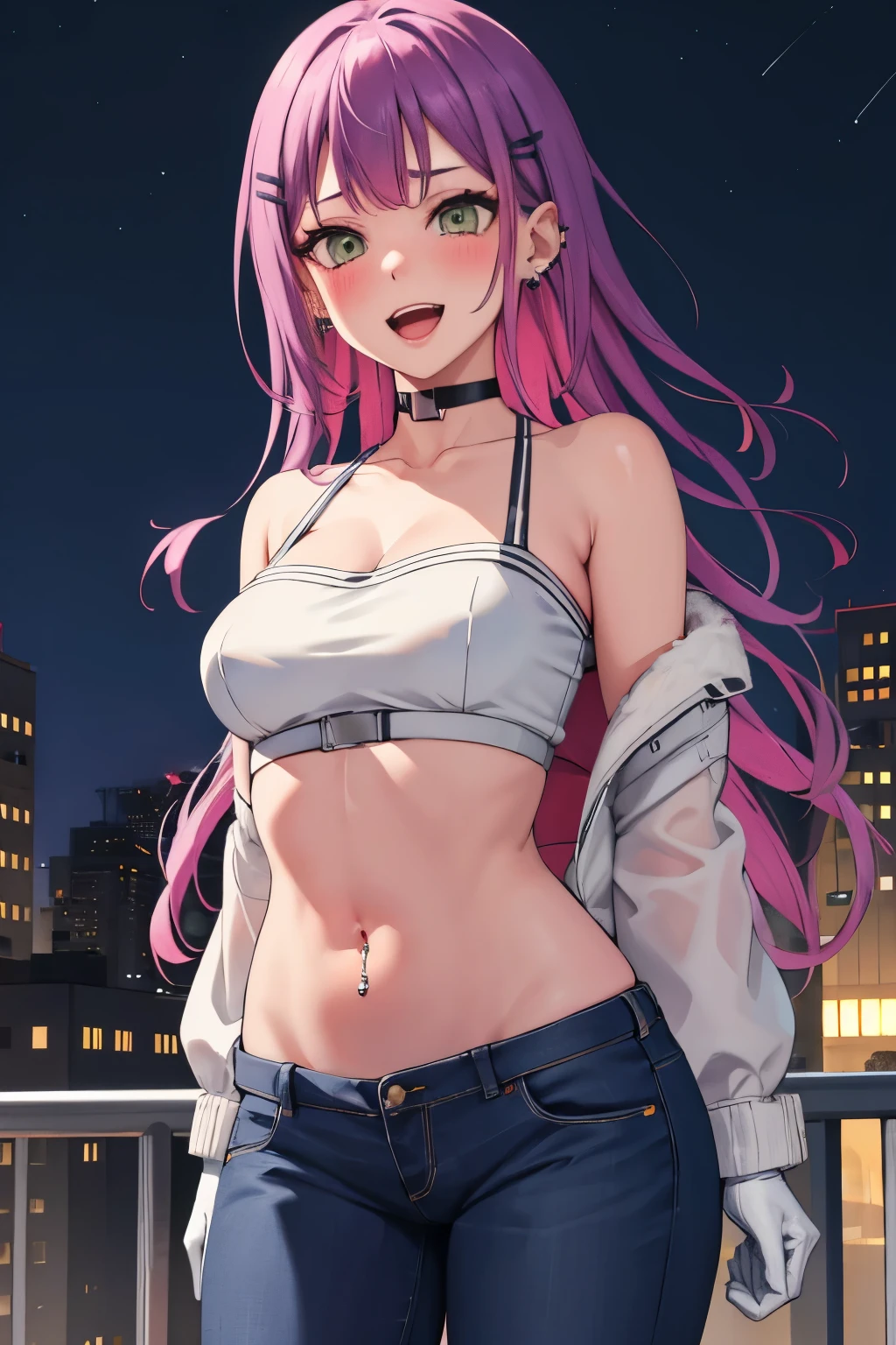 aatowa, long hair,  hairclip, long hair, choker, ear piercing, navel piercing, blush, lipstick, fur trim, mature female, gloves, fur-trimmed coat, outdoors, rooftop, cityscape, building, railing, night, night sky, scenery, city lights, blush, lipstick, jacket, masterpiece,high quality,4k, bare shoulder,belly,crop top,outdoor,cleavage,jeans,casual dress,street,road,smile, open mouth, (nsfw) not safe for work, holding a gun,handgun, evil expression, exposed belly, exposed navel, exposed midriff, exposed lower belly, crop top overhang, underboob, unbuttoned jeans , low rise black jeans, Low rise jeans, Low rise jeans with open fly, navel piercing