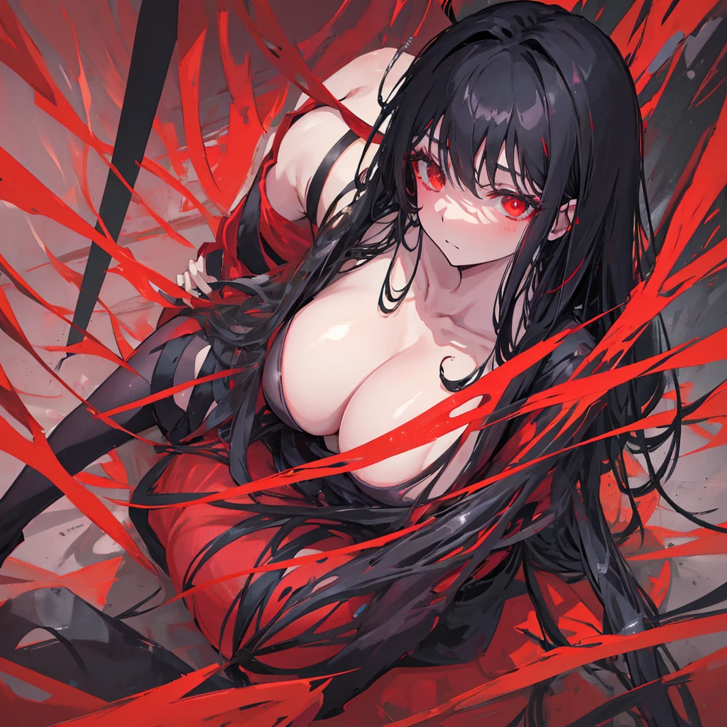 A demon girl,Beauty,Black hair,Red eyes,Evil,Sexy,Big breasts,Beautiful figure,Black sock on left leg,Right leg bare,Black high heels,exposed,((Solid red background))