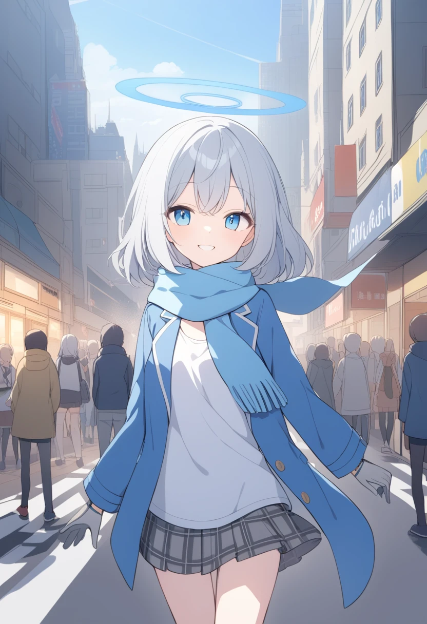 girl，Silver Hair, blue eyes, Wearing a blue hooded jacket, A sky blue scarf, A white T-shirt, Grey gloves, and plaid skirt, standing on a city street，Smile at the audience, blue halo，Alone