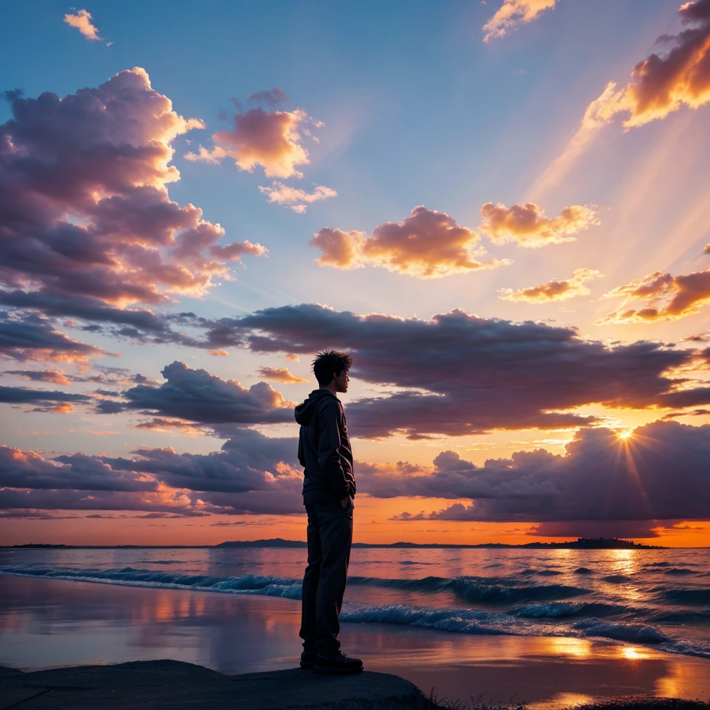 A anime man looking at clouds with sunset