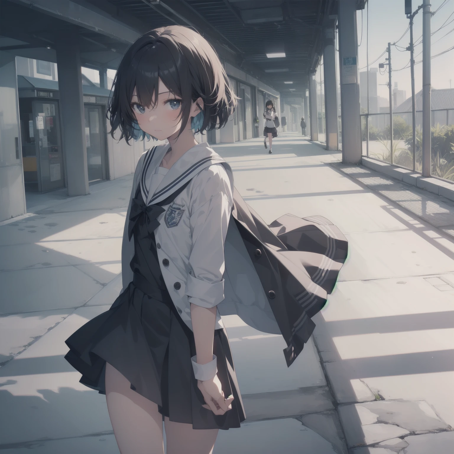 ultra-absurdres-Top quality by artist God, ultra-detailed, high resolution, anime moe artstyle, best anime 8k konachan wallpaper, pixiv contest winner, pool:2810, perfect anatomy,break, 1girl, (Please draw a girl walking sleepily to school alone. )break,(Solo,little female, 13-year-old:1.3),Full limbs, complete fingers,a junior high school student, (very short hair), short cut, flat chest, , small butt, small black eyes, beautiful detailed eyes, well-proportioned iris and pupils, expressive eyes, highres detailed hair, soft expression, salor school_uniform, sailor collar, serahuku, bow, pleated skirt,(Detailed Lighting), (Detailed background), in the School commute route. break,super detailed skin, Best cinematic lighting powered by famous artist, 8k,beauty illustration,photoshop_(medium),very aesthetic,break,((artist:enkyo_yuuichirou )), artist:clamp ,artist:carnelian ,artist:kantoku ,