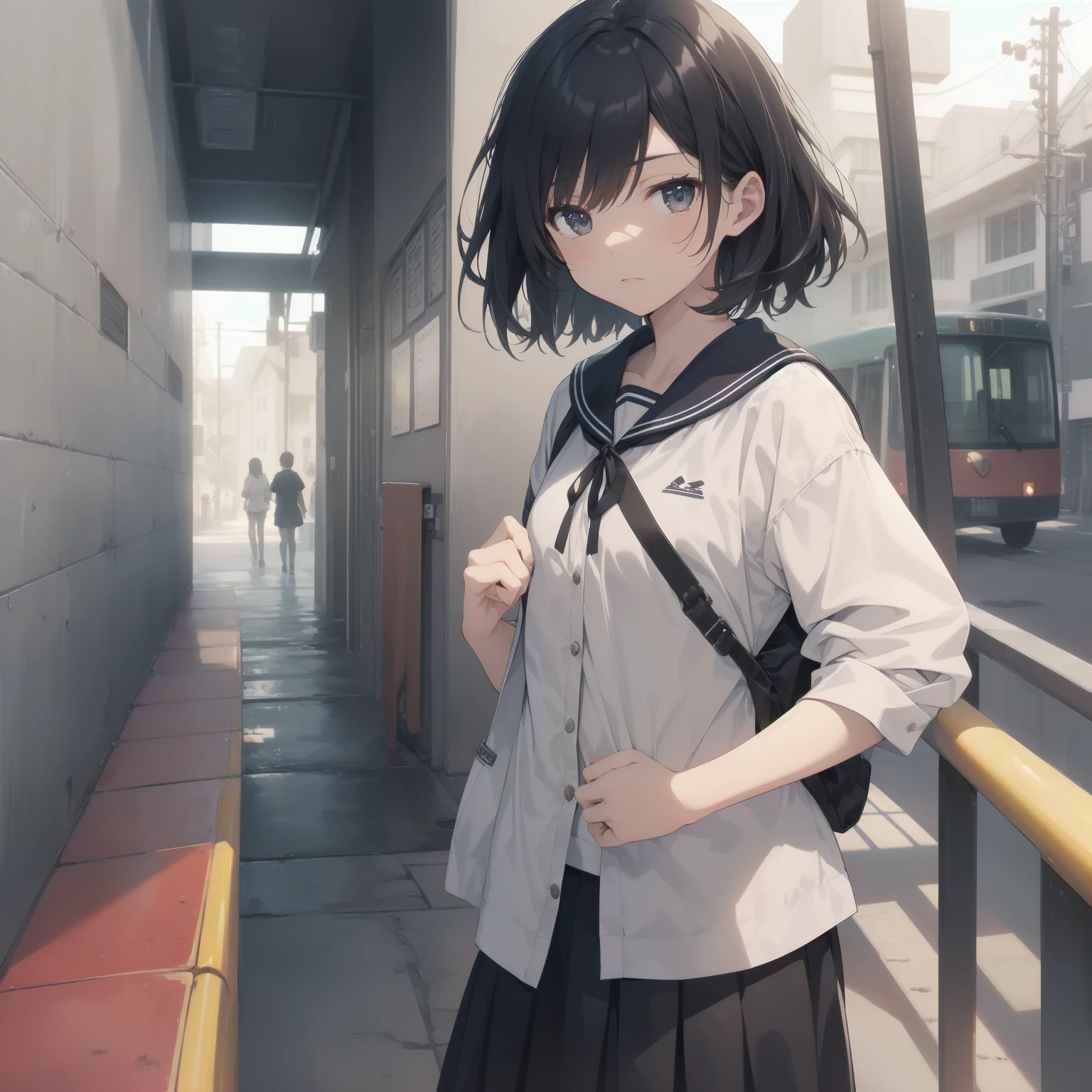 ultra-absurdres-Top quality by artist God, ultra-detailed, high resolution, anime moe artstyle, best anime 8k konachan wallpaper, pixiv contest winner, pool:2810, perfect anatomy,break, 1girl, (Please draw a girl walking sleepily to school alone. )break,(Solo,little female, 13-year-old:1.3),Full limbs, complete fingers,a junior high school student, (very short hair), short cut, flat chest, , small butt, small black eyes, beautiful detailed eyes, well-proportioned iris and pupils, expressive eyes, highres detailed hair, soft expression, salor school_uniform, sailor collar, serahuku, bow, pleated skirt,(Detailed Lighting), (Detailed background), in the School commute route. break,super detailed skin, Best cinematic lighting powered by famous artist, 8k,beauty illustration,photoshop_(medium),very aesthetic,break,((artist:enkyo_yuuichirou )), artist:clamp ,artist:carnelian ,artist:kantoku ,