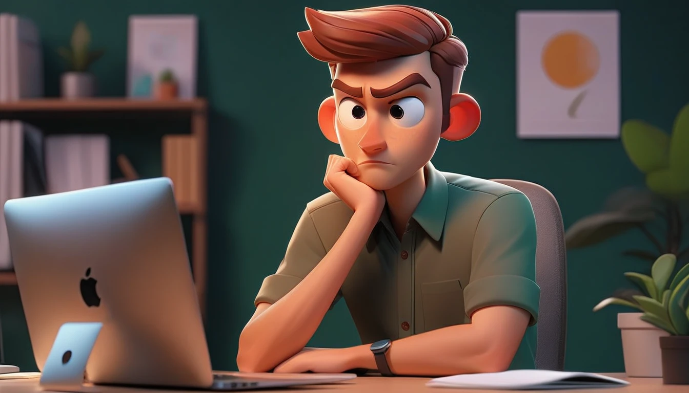 a 25 year old male business character with a friendly appearance and pixart style, . He is sitting behind his MacBook in his minimalist office., with his arms on his desk. esta looking ahead, retrto central, ambiente general de la imagen debe trasmitir una conexion con el minimalism, flat illustration, bold line, minimalism, simplified, pixart, looking ahead, looking to the camera