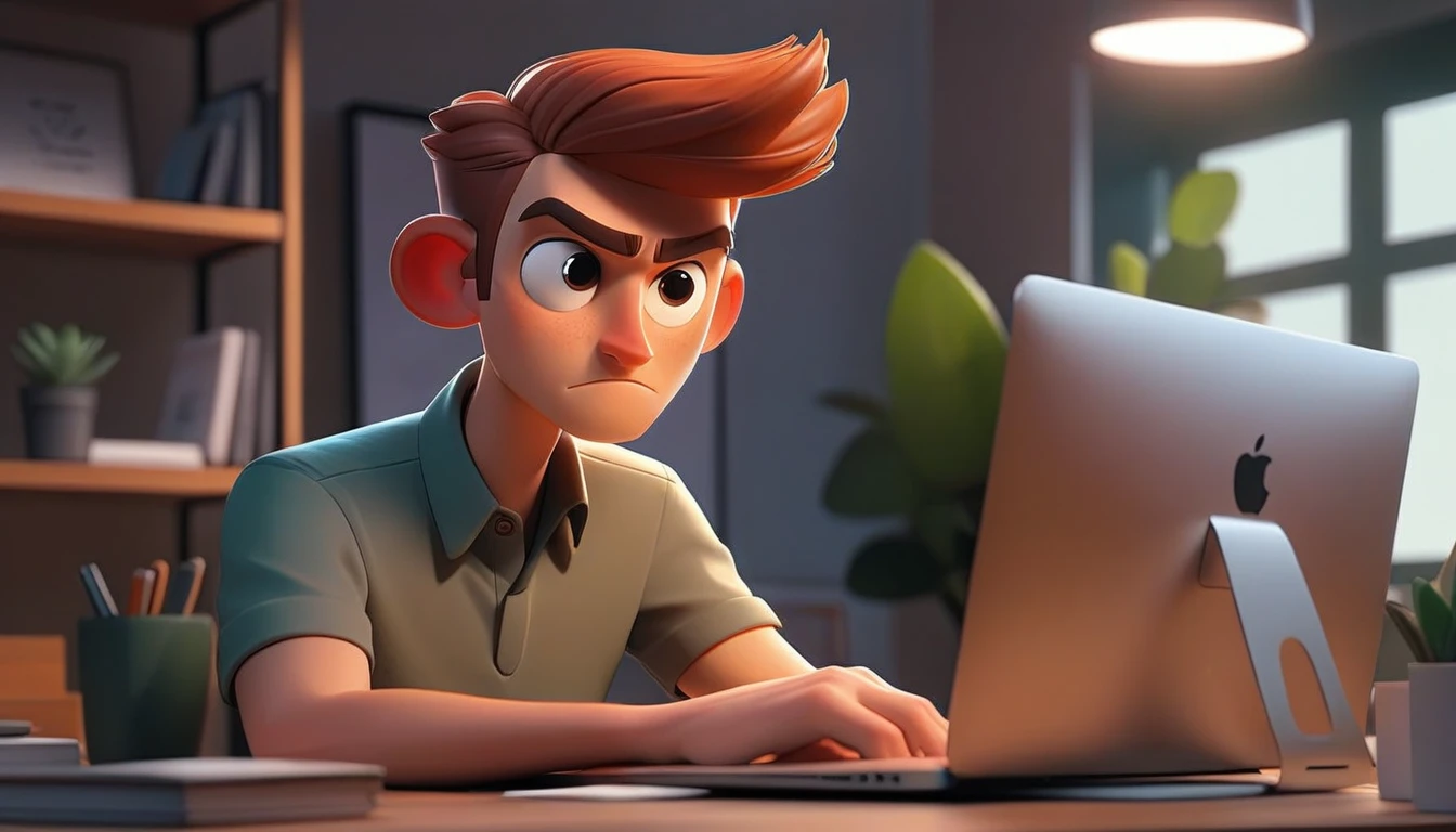 a 25 year old male business character with a friendly appearance and pixart style, . He is sitting behind his MacBook in his minimalist office., with his arms on his desk. esta looking ahead, retrto central, ambiente general de la imagen debe trasmitir una conexion con el minimalism, flat illustration, bold line, minimalism, simplified, pixart, looking ahead, looking to the camera