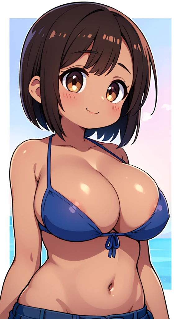 Beautiful young girl , Beautiful round breasts,Bust up front,Beautiful upturned breasts,G-Cup, Narrow waist,Brown skin,Short Bob,Baby Face, bikini top,(((Enlarged view of the upper body))),View from the front, Cleavage is clearly visible,Keep your head upright and smile,ID photo