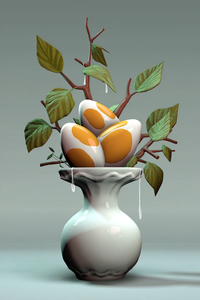 Surreal creatures blend food and nature.. Fried eggs on a branch in a white vase, Egg yolk, runny nose, dripping, dark texture background, Quail eggshells are scattered at the base., Botanical leaves, 3D virtual reality concept, Inspired by the art of Giuseppe Arcimboldo., Masterpiece