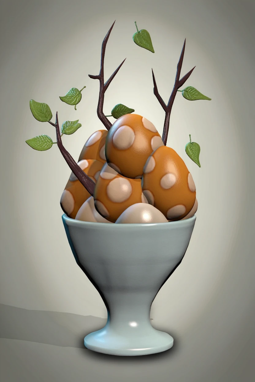 Surreal creatures blend food and nature.. Fried eggs on a branch in a white vase, Egg yolk, runny nose, dripping, dark texture background, Quail eggshells are scattered at the base., Botanical leaves, 3D virtual reality concept, Inspired by the art of Giuseppe Arcimboldo., Masterpiece
