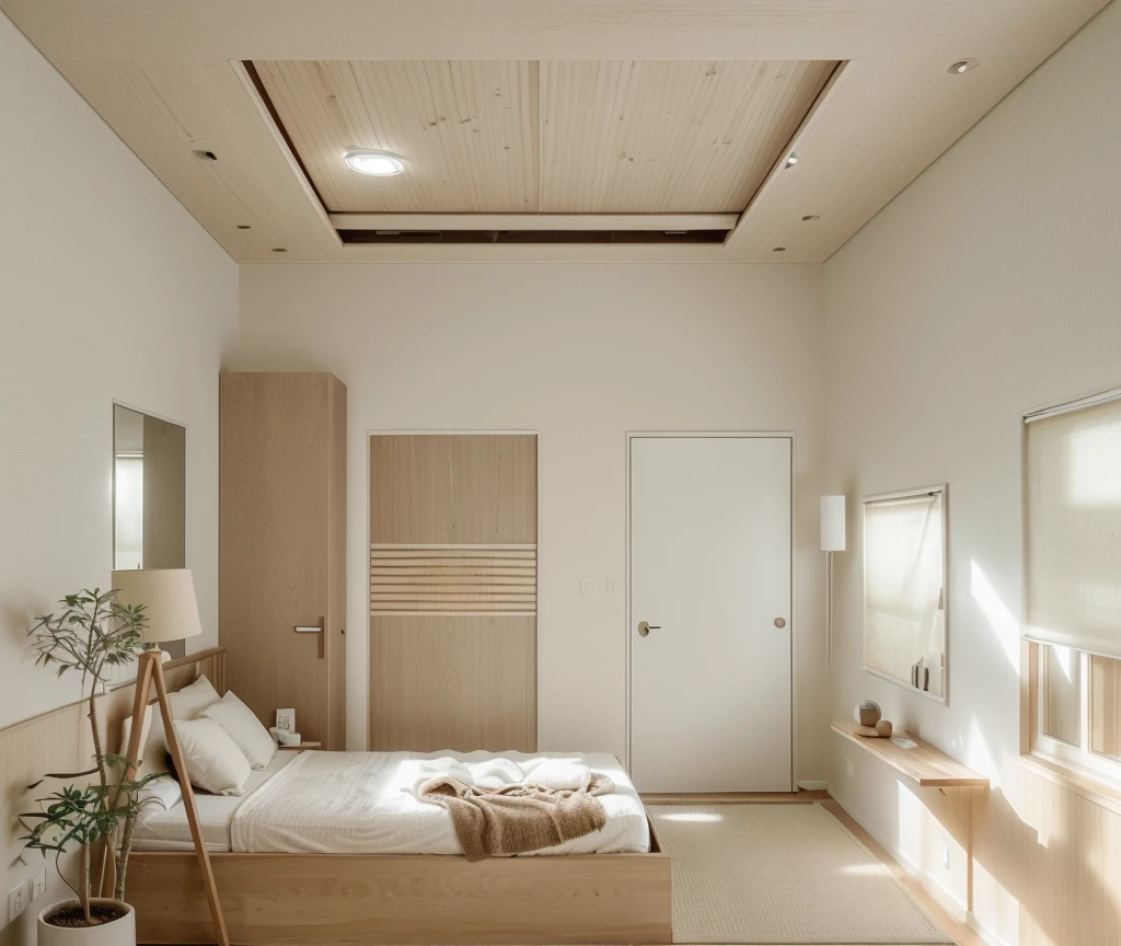 Minimalist Muji-style living room, neutral color palette, natural materials, soft lighting, low-profile white couch, wooden chair, natural wood coffee table, indoor plants, minimalist wall art, woven rug, natural light, tranquility, functionality, harmonious blend, window on the right, picture frame on top of the bed, a flat ceiling and recessed downlights arranged in a sparse, straight line pattern
((8k)), high quality detail, soft lighting, minimalist design, neutral color palette, natural materials, clean lines, serene and inviting, modern Japanese aesthetic, flat ceiling, recessed downlights.