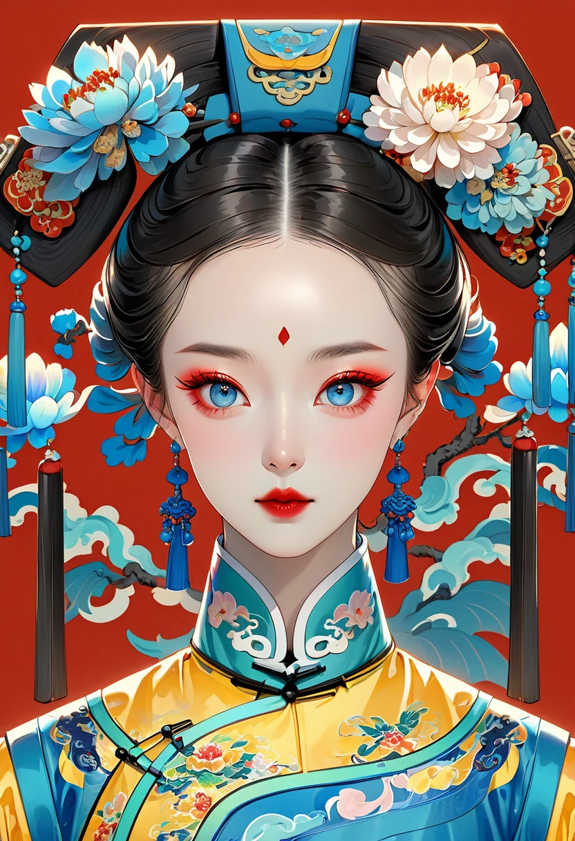 Makeup for Qing Dynasty Palace Drama,Thick coating of the board,Colored pencils,Procreate board drawing beautiful digital art,Clean lines,Beautiful Imperial Concubine of the Qing Dynasty,Bright Eyes,Exquisite facial features,(((Qing Dynasty flag head,Flowers))),symmetry,Qing Dynasty Clothing,Bright colors,High Saturation,Red background