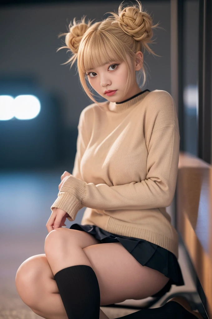 One woman　White　sweater　mini skirt　Beauty　high resolution　High precision　Blonde　Golden Eyebrows　White　　Detailed skin　　blue eyes　Detailed face　　whole body　smile　Bobcut　　Spread your legs