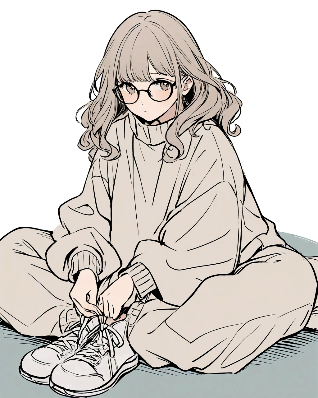 A digital illustration of a young girl with long, wavy hair, wearing glasses. She is dressed in a loose, oversized sweater and baggy pants, both in neutral tones. The girl is sitting on the ground with her legs folded, and she is tying the laces of her white sneakers. The background is plain and minimalistic, enhancing the focus on the character. The overall style is soft and slightly muted, giving the image a calm and introspective feel."