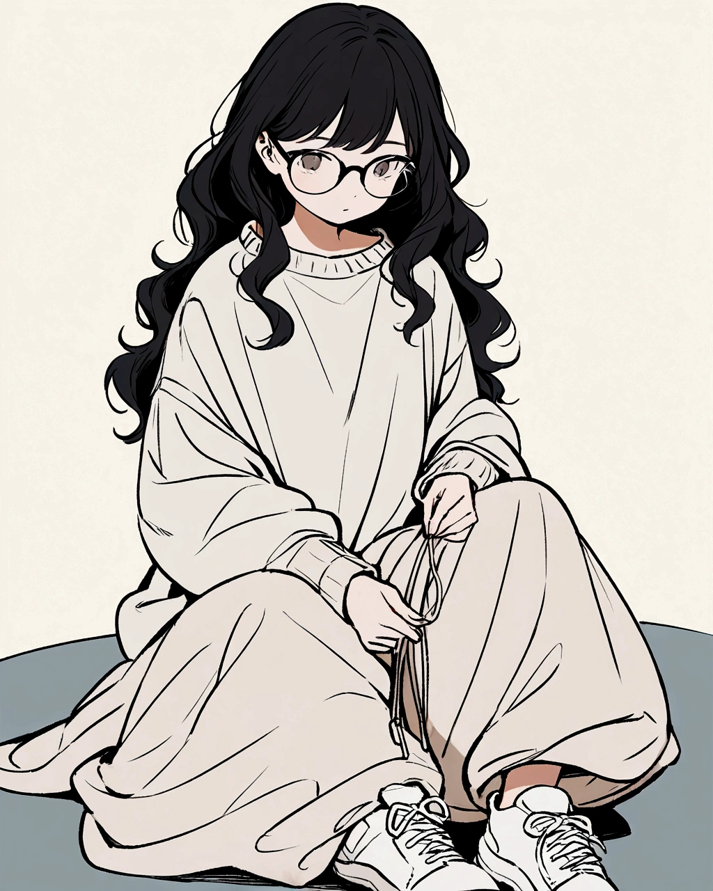 A digital illustration of a young girl with long, wavy hair, wearing glasses. She is dressed in a loose, oversized sweater and baggy pants, both in neutral tones. The girl is sitting on the ground with her legs folded, and she is tying the laces of her white sneakers. The background is plain and minimalistic, enhancing the focus on the character. The overall style is soft and slightly muted, giving the image a calm and introspective feel."