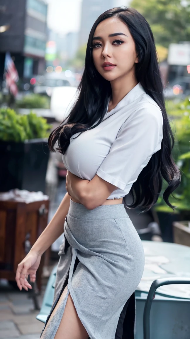 breasts, ((half body foto))(((wearing crop collared shirt, black tight skirt))) ((())) ,, detailed skin, ((asia white skin color)),detailed skin, gigantic breasts, Slim Waist, (((4K resolution))),(()) (((medium black hair silky thick hairstyle))) ((white skin)) ((extremely detailed face)) ((extremely detailed eyes)) (((open mouth))) ((outdoor background downtown crowd)) (((eye direction looked on camera))) look (()) ((sixpack woman)) ((model posture)), face, extremely detailed full body color photo of a 18 y.o girl, beautiful face, beautiful eyes, (()), (((sexy))) big breasts, slim body, ((skin details, high texture)), ((standing, bend over, hands on legs, sexy pose)), bend over, hand fix, finger fix, nails fix, realistic hand wrinkles, realistic eyes, octane render, simetris eyes,(white perfect teeth)